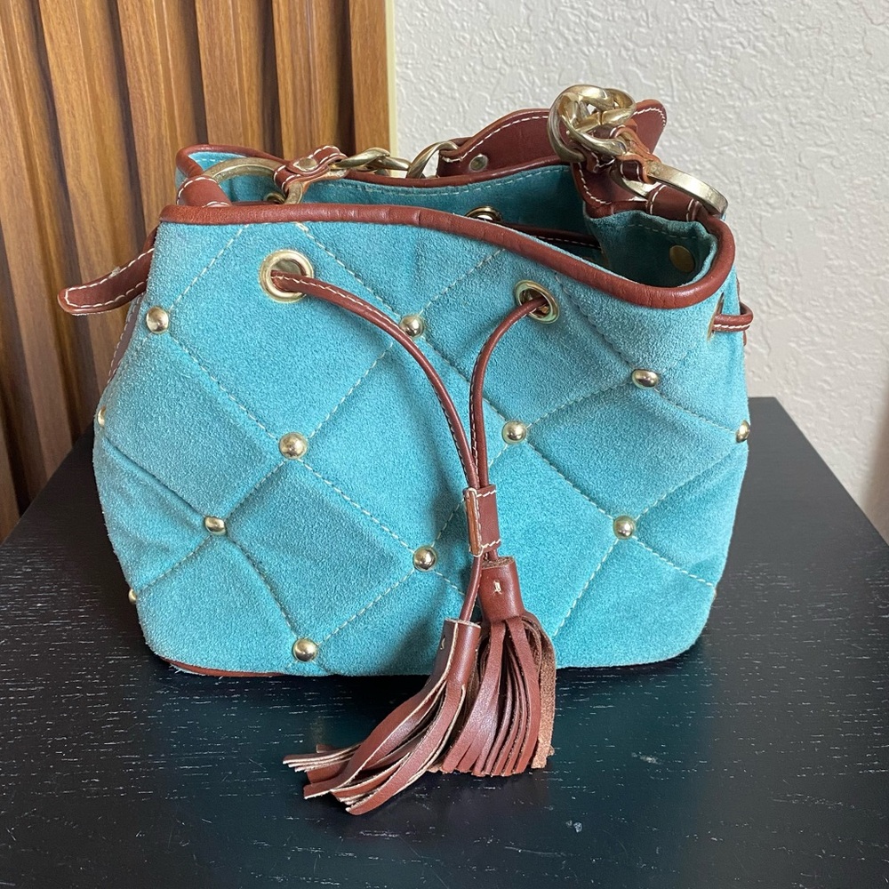 Claudia Firenze Quilted Drawstring
Nubuck Leather Handbag Studded
Bucket Bag - Picture 2 of 16